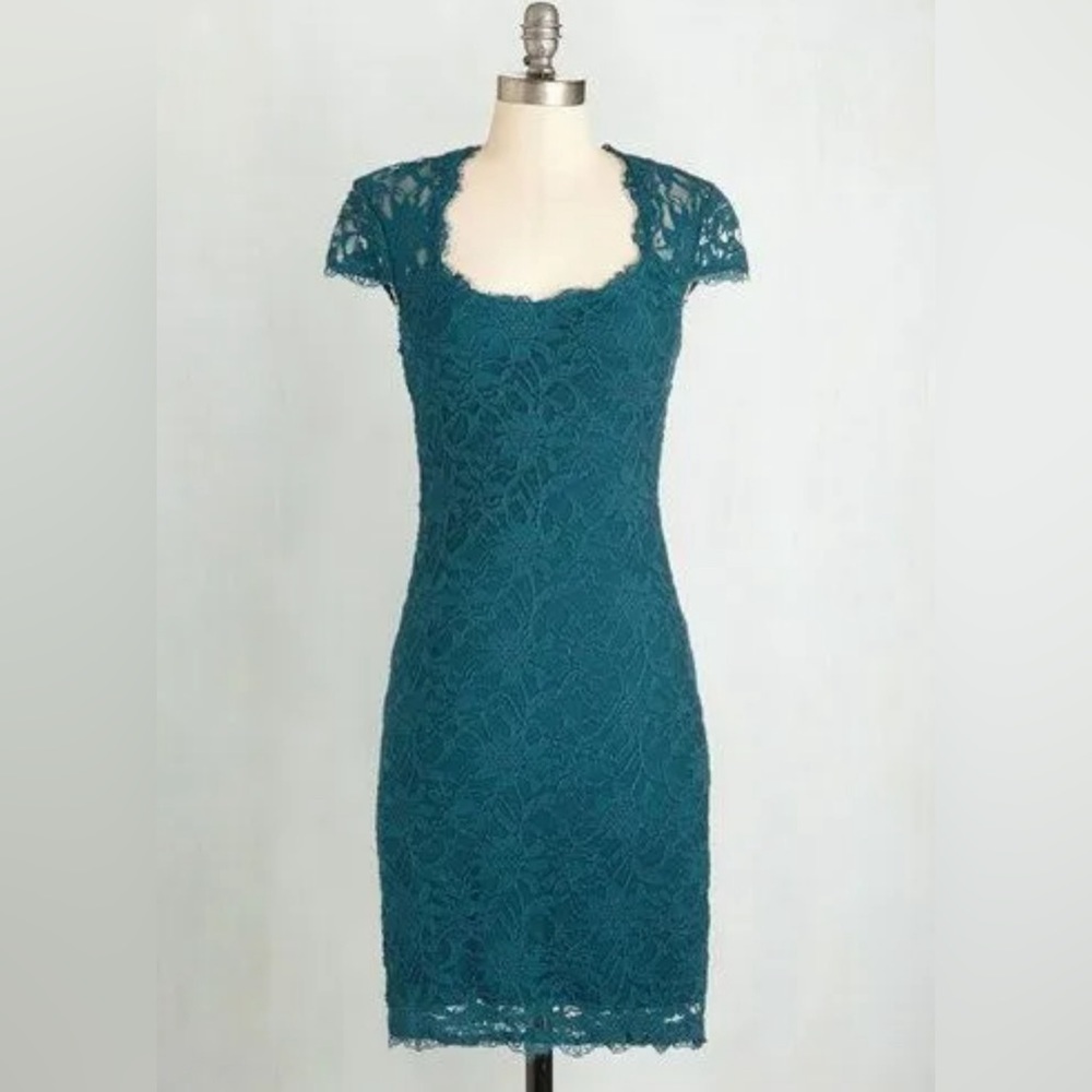 Jump Teal Lace Cap-Sleeve Mini Dress